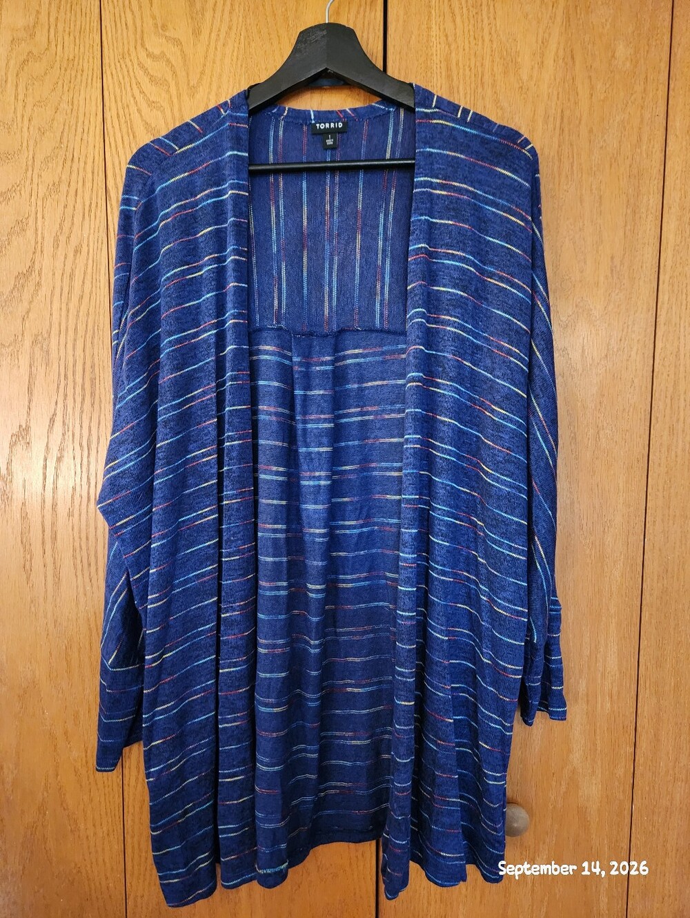 torrid Navy Striped Open-Front Cardigan with Multicolor Accents